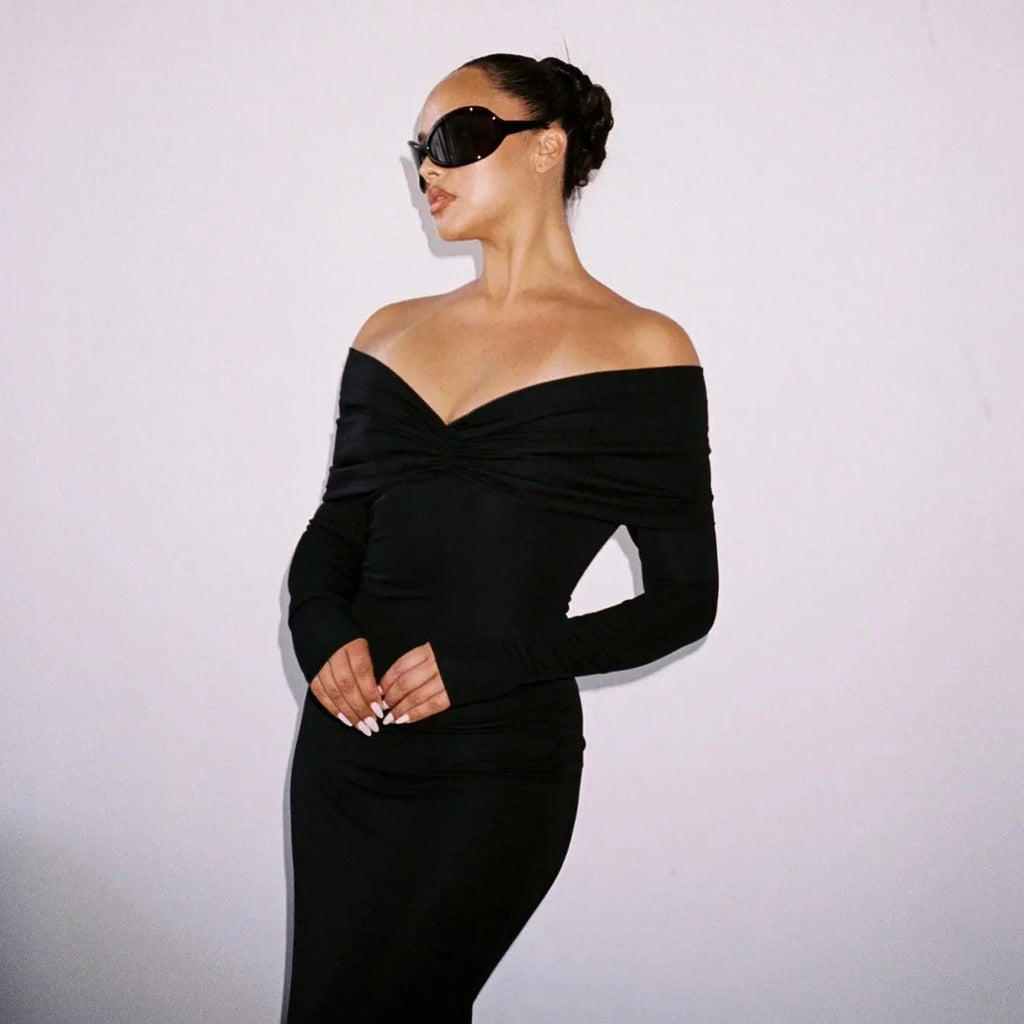 Exclusive Invite Black Off-Shoulder Maxi Dress