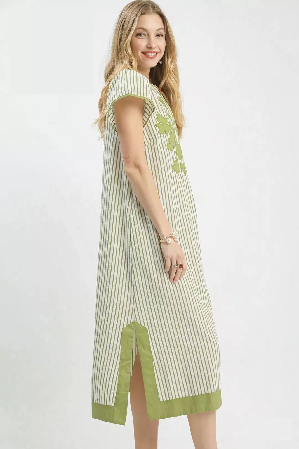 Green Stripe Midi Dress with Embroidered Floral Detail