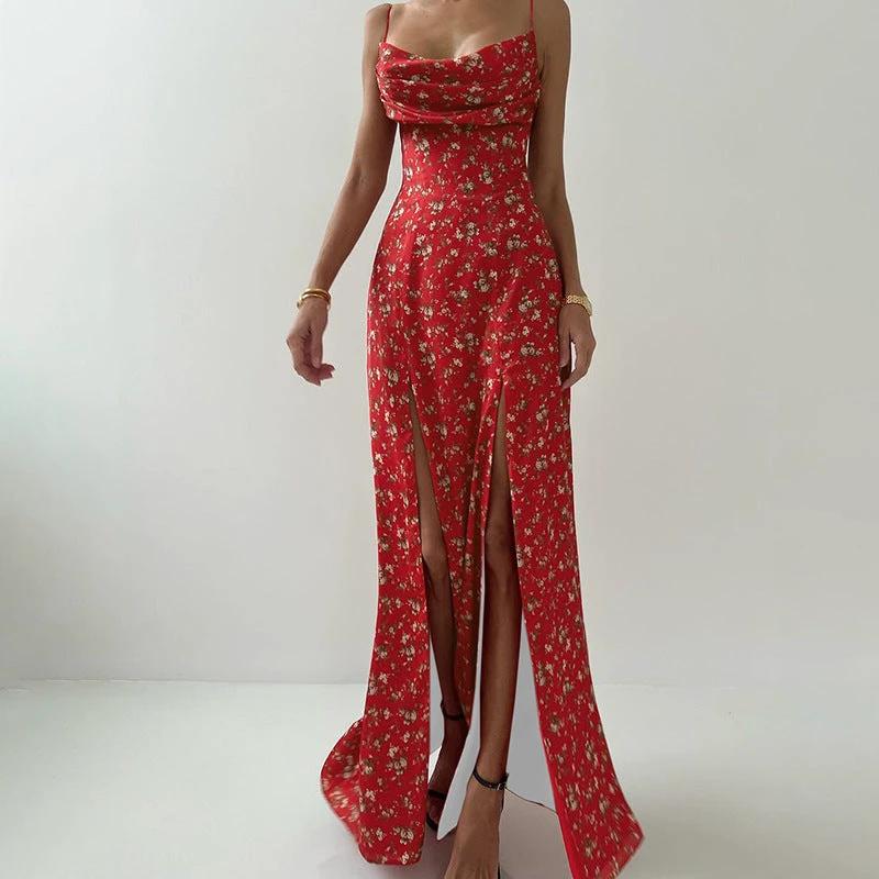 Women's Printed High Waist Slit Off-neck Dress