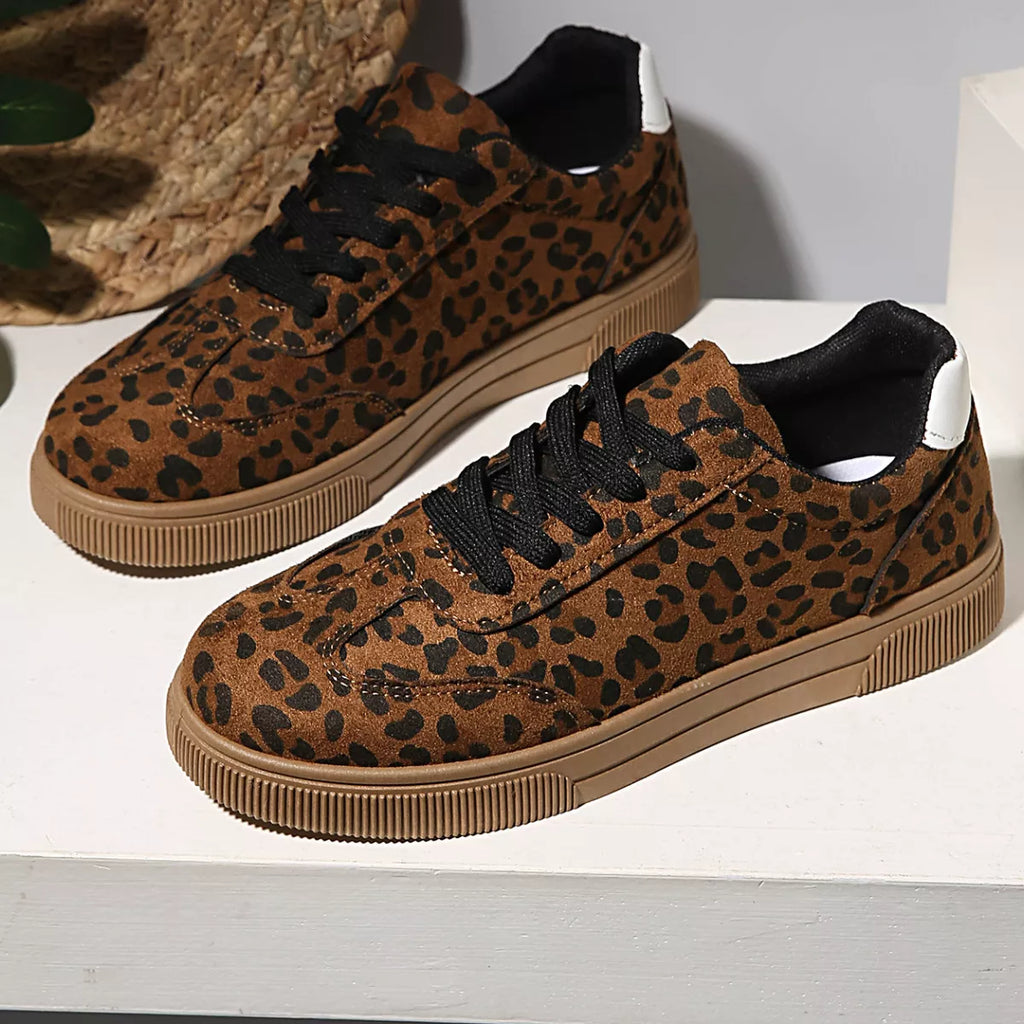 Women's Leopard Print Suede Lace Up Sneakers Casual Flat Shoes