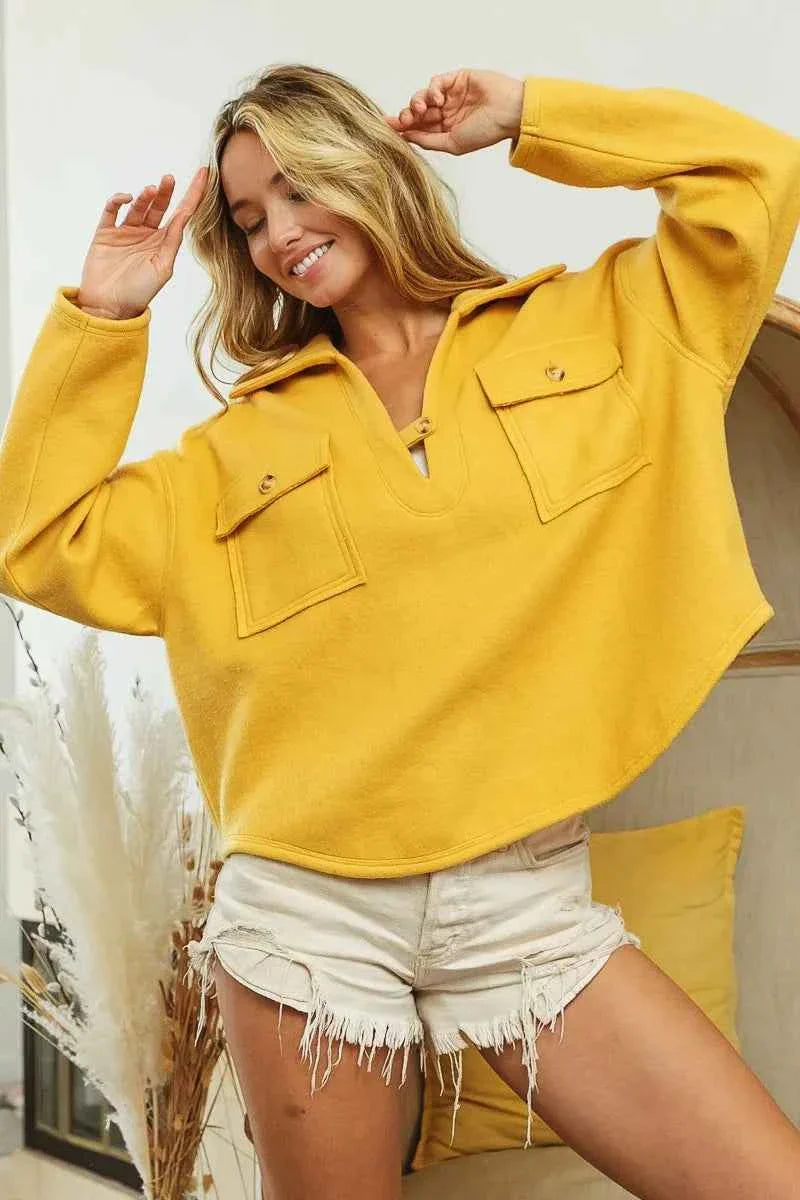 BiBi Fleece Collared Women's Sweatshirt with Flap Pockets