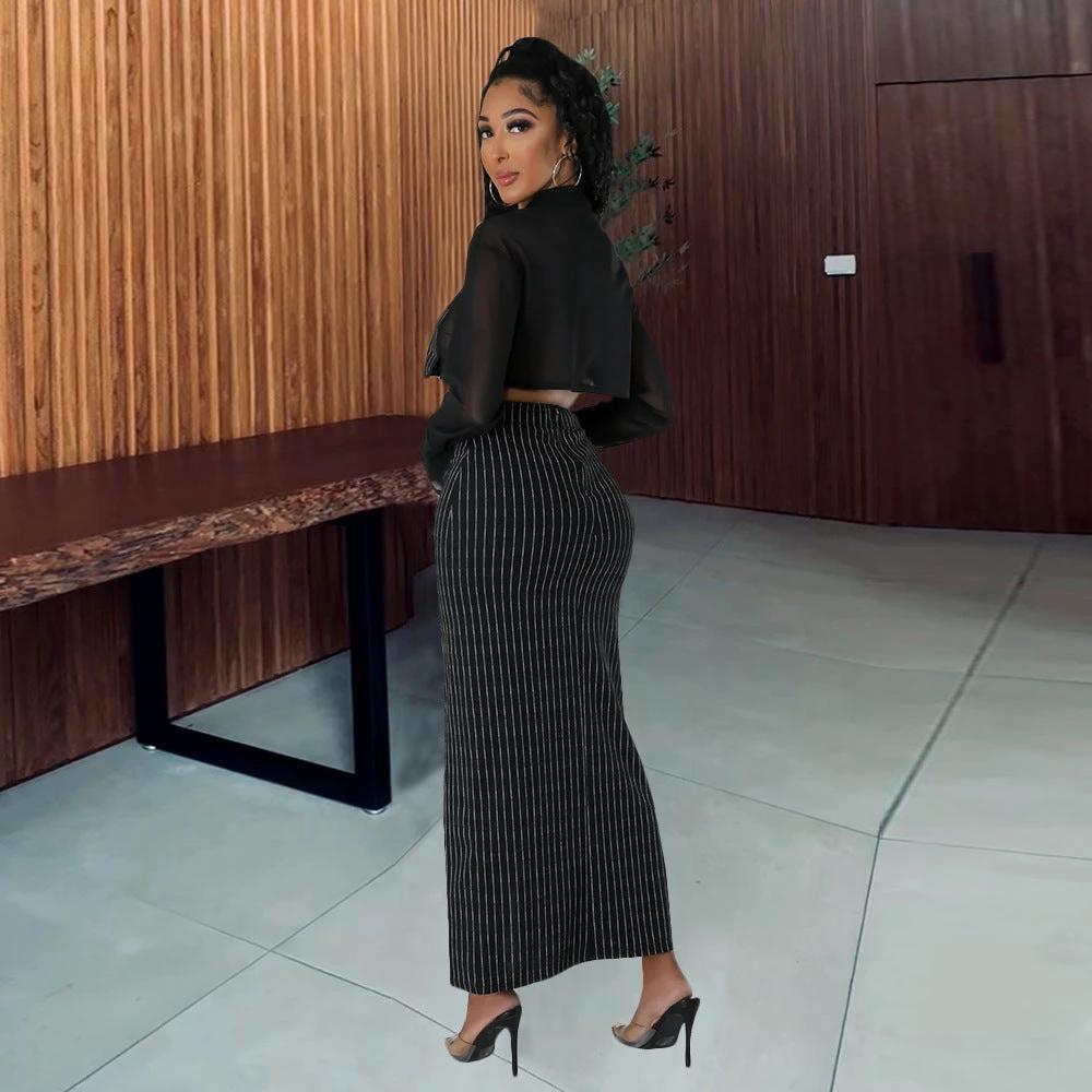 Autumn And Winter Women's Shirt Midriff-baring Long Sleeve Top Elastic Waist Skirt Suit