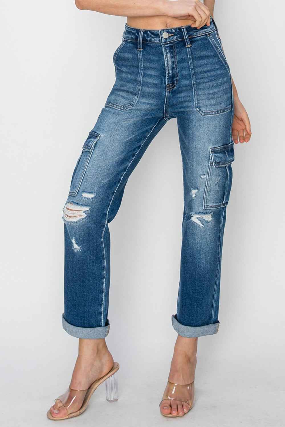 RISEN High Rise Cargo Straight Leg Jeans