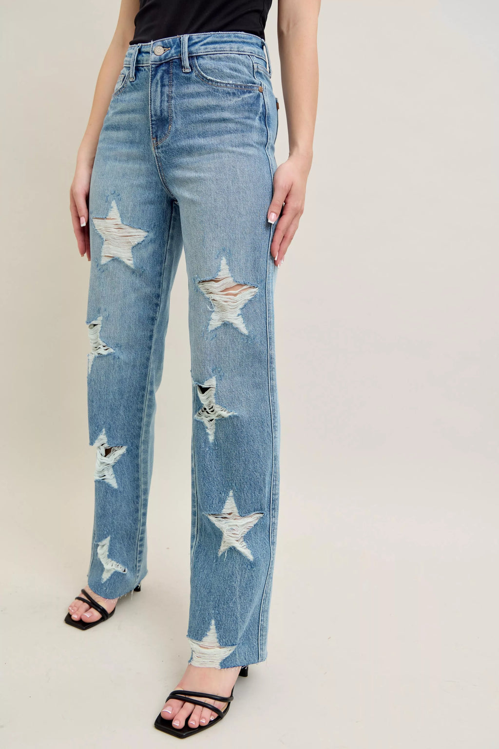 Judy Blue High Waist Rigid Jeans With Edgy Magic Star Destroy Detail 90s Straight Leg Plus Size