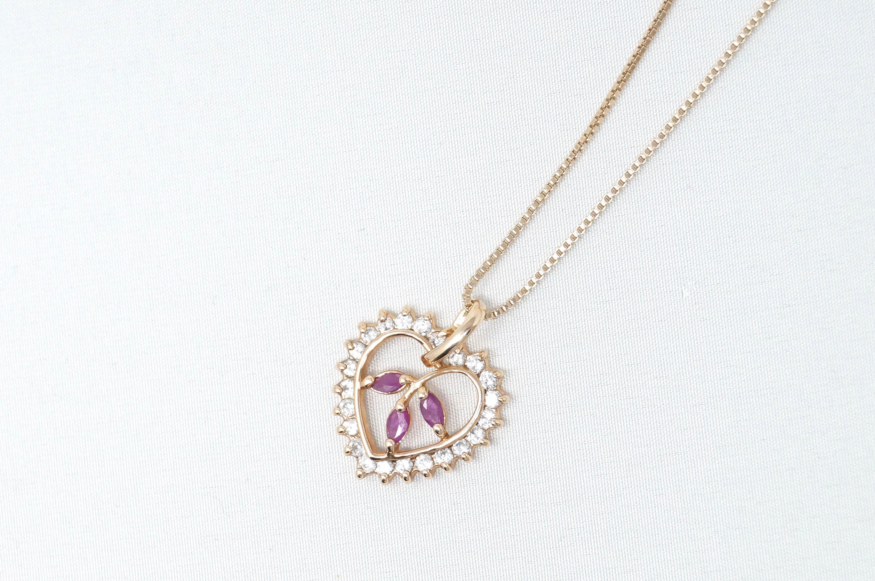 Vtg Ruby Simulated Heart Accented Rose Gold Vermeil Sterling Silver Necklace 18"
