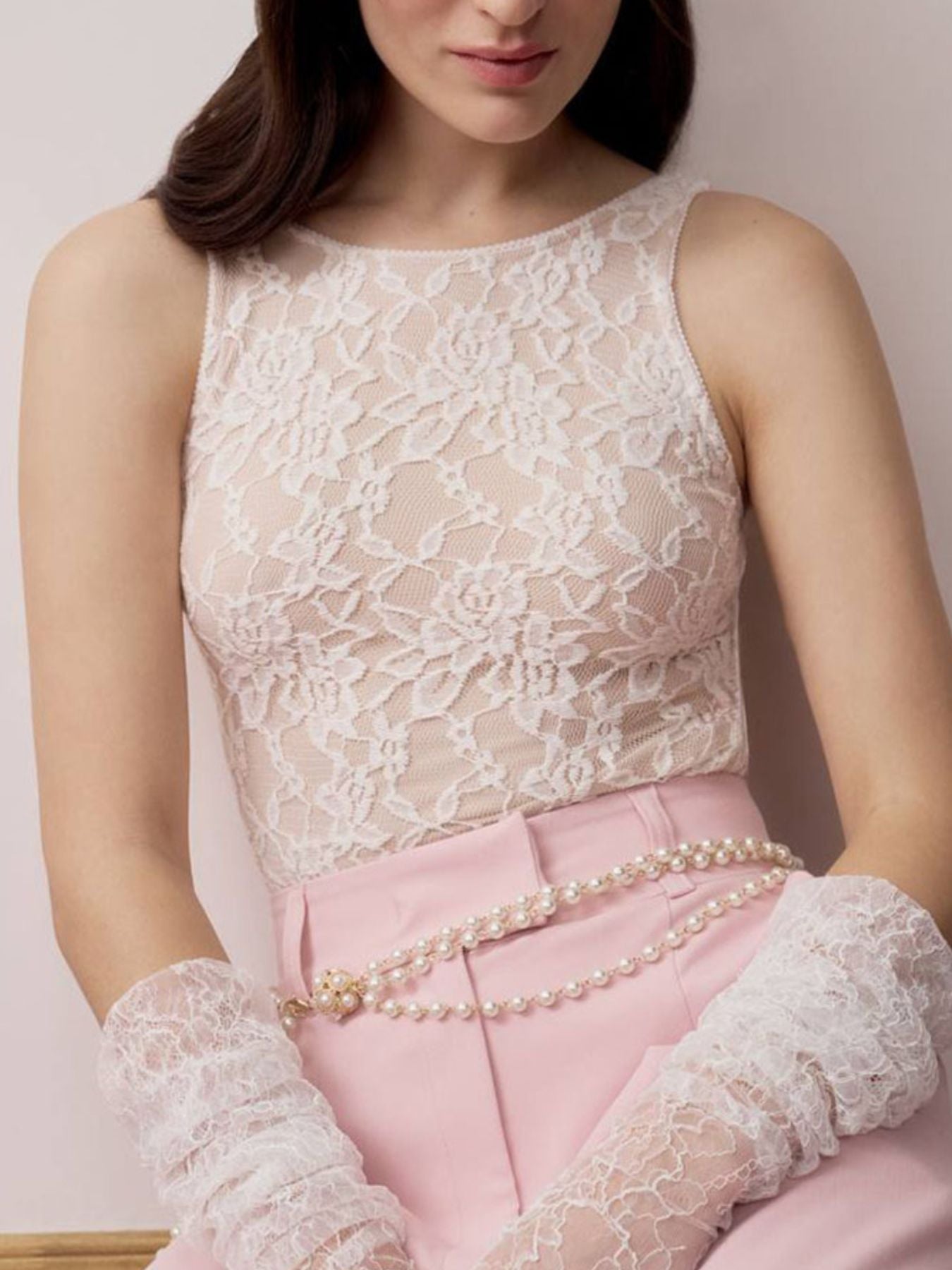 Women's Sheer Floral Lace Round Neck Tank Top in Ivory