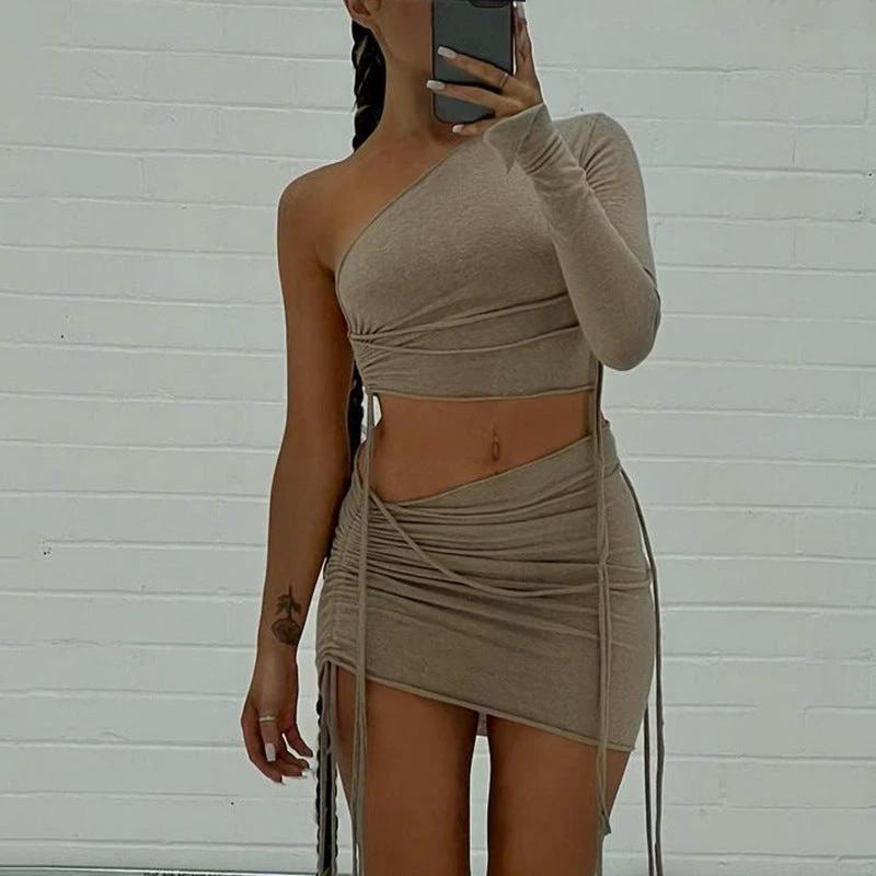 One Shoulder Midriff-baring Top Side Drawstring Skirt Set