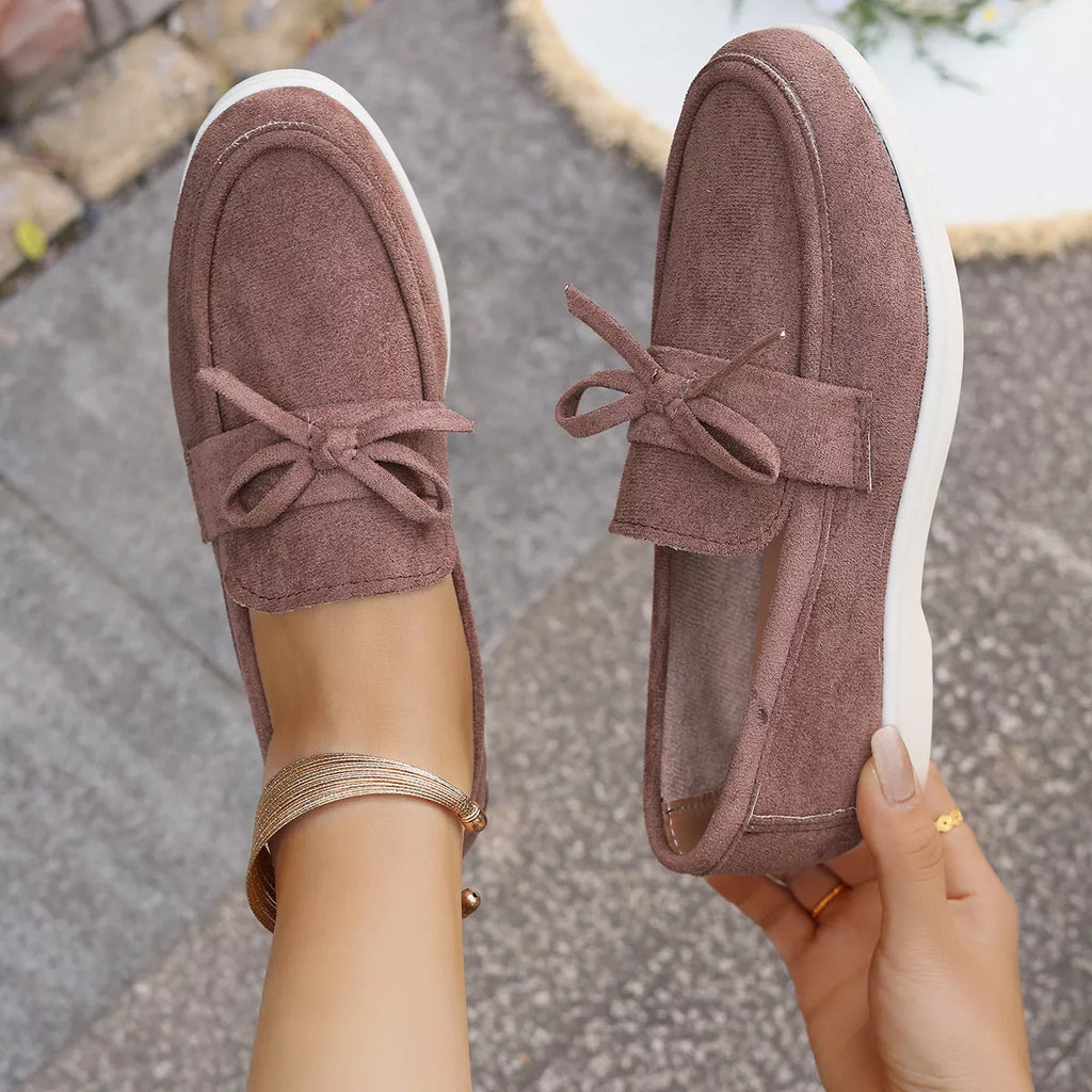 Women's Gray Suede Bow Slip-On Flats Round Toe Casual Shoes