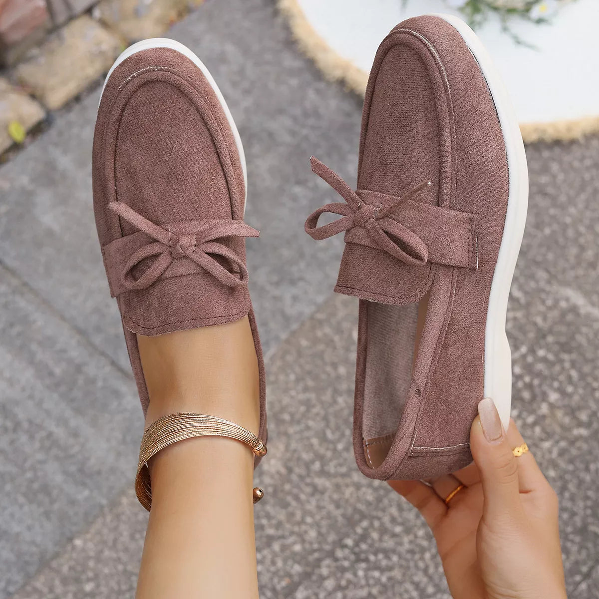 Women's Gray Suede Bow Slip-On Flats Round Toe Casual Shoes