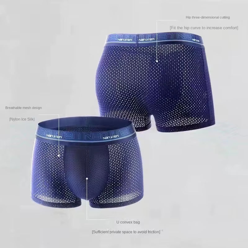 4Pcs Men'S Boxer Shorts Ice Silk Underwear plus Size Underpants Cool Breathable Sexy Slim Panties Mesh Lingerie Wholesale Lots