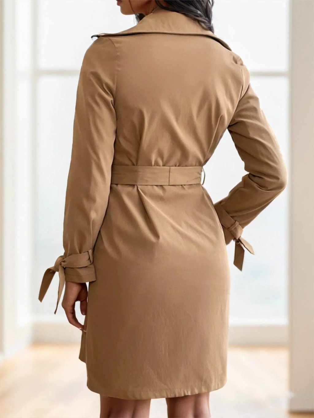 Women's Apricot Solid Color Lapel Neck Long-Sleeved Suspenders Double-Breasted