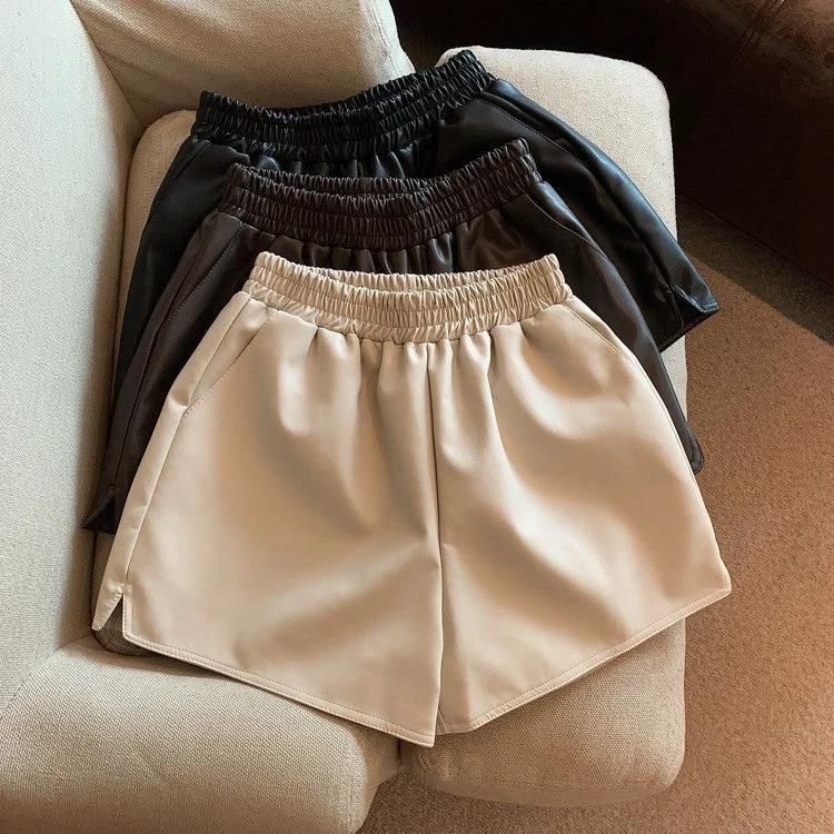 Pu Leather Shorts Women High Waist Loose Split Casual Pants