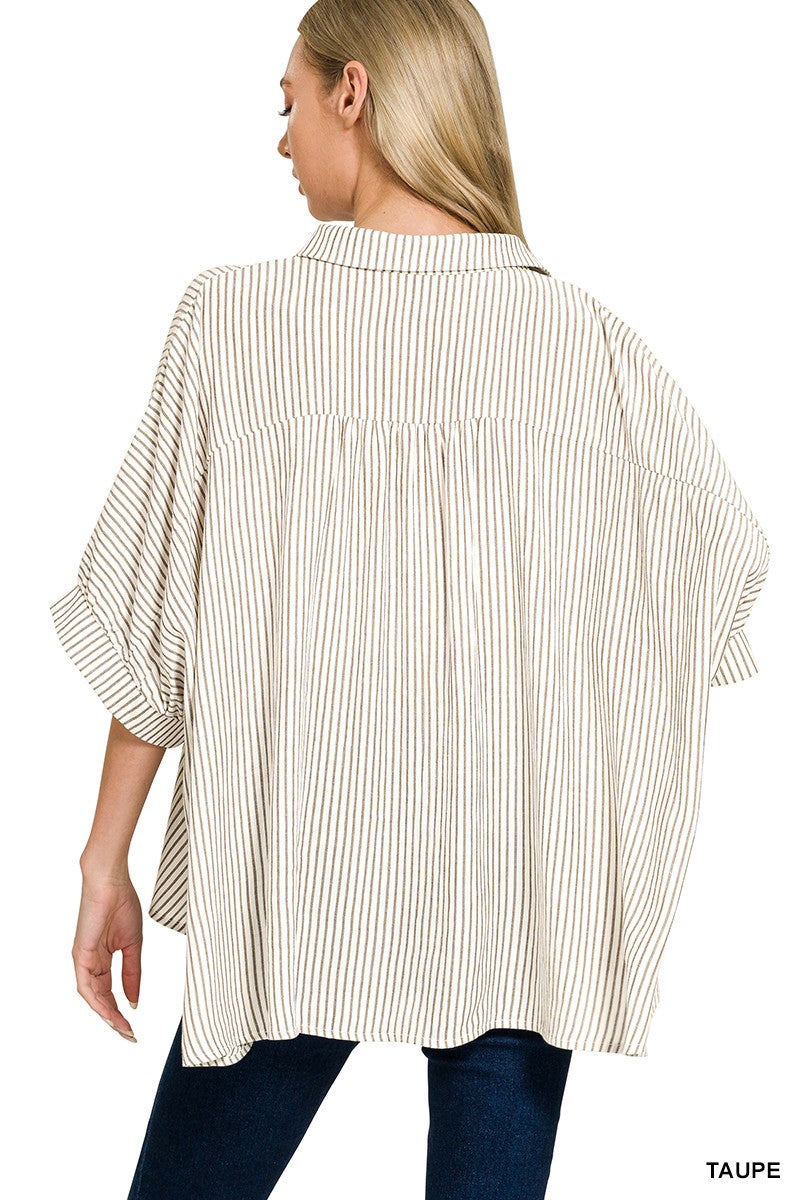 Zenana Woven Stripe Button Down Boxy Shirt | Rayon Blend