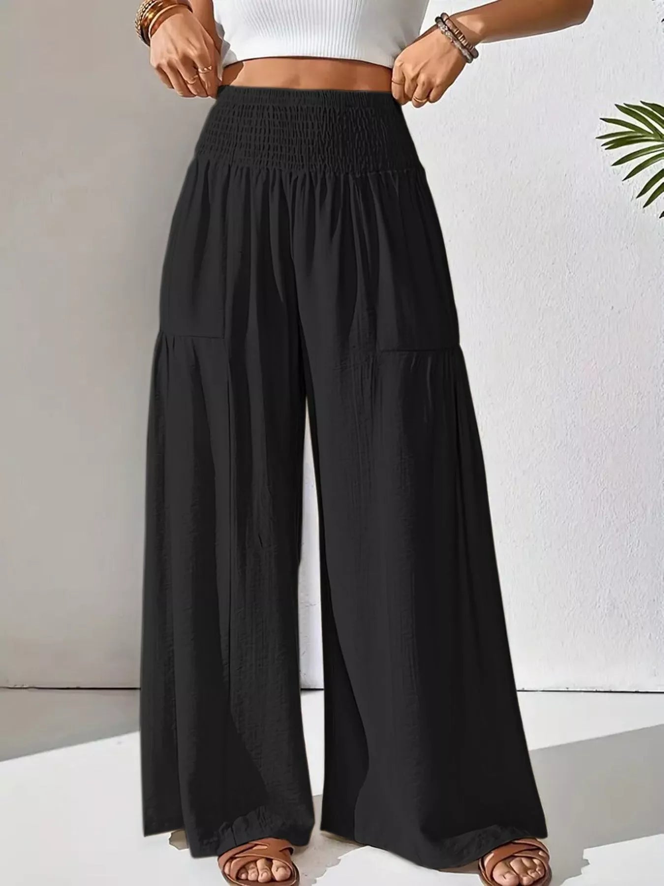 Women's Khaki Smocked Waist Wide Leg Flowy Casual Pants