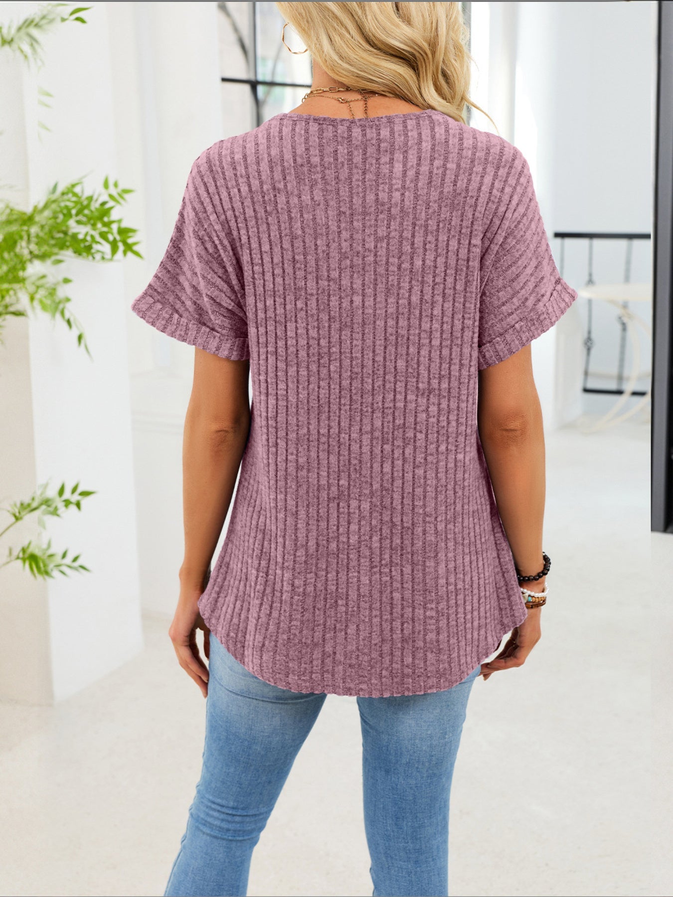 Women's Ribbed Knit Short Sleeve V-Neck T-Shirt with Buttons