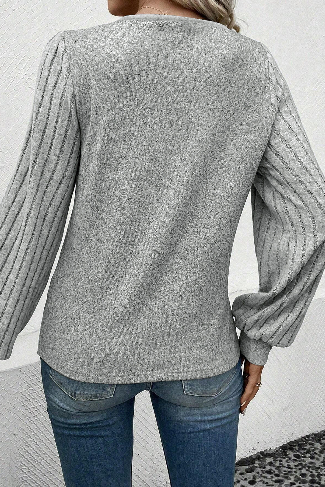 Light Grey Buttoned V Neck Ribbed Puff Sleeve  Women's Top