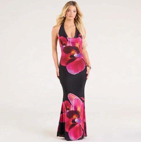 Halter Floral Mesh Backless Maxi Dress