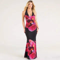 Halter Floral Mesh Backless Maxi Dress