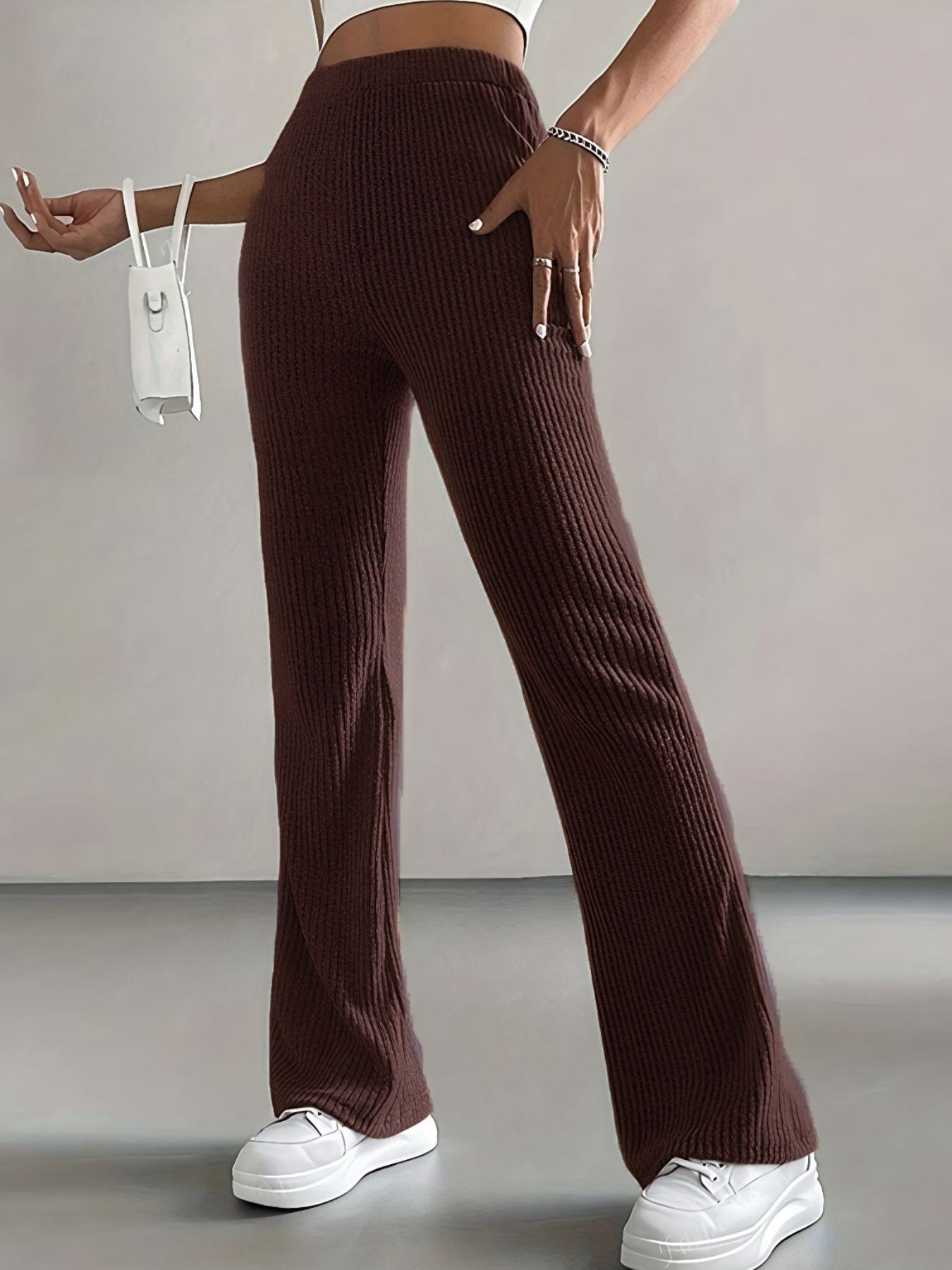 Women's High Waist Ribbed Knit Flare Pants Comfortable Casual