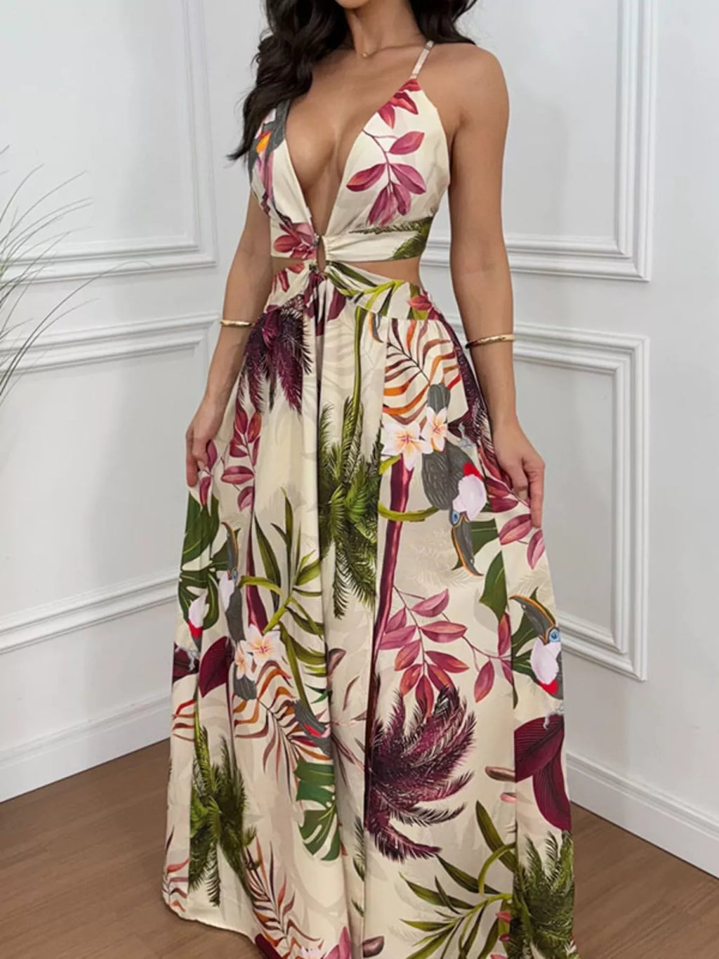 Tropical Print Cutout Maxi Dress with Front Slit