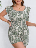 Plus Size Printed Sleeveless Smocking Fitted Waist Backless Vacation Style Jumpsuit
