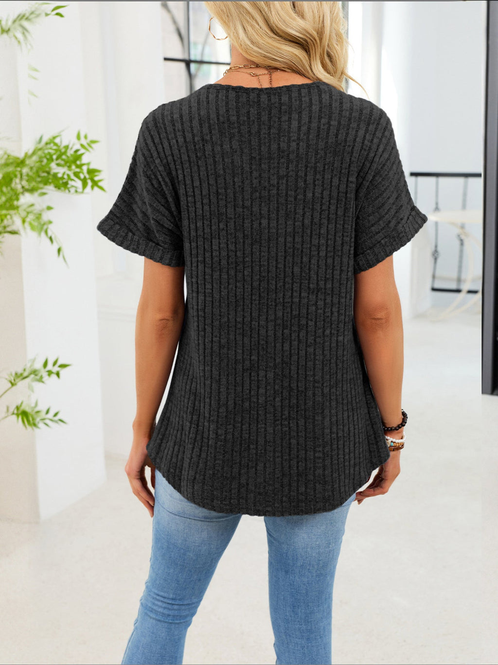 Women's Ribbed Knit Short Sleeve V-Neck T-Shirt with Buttons