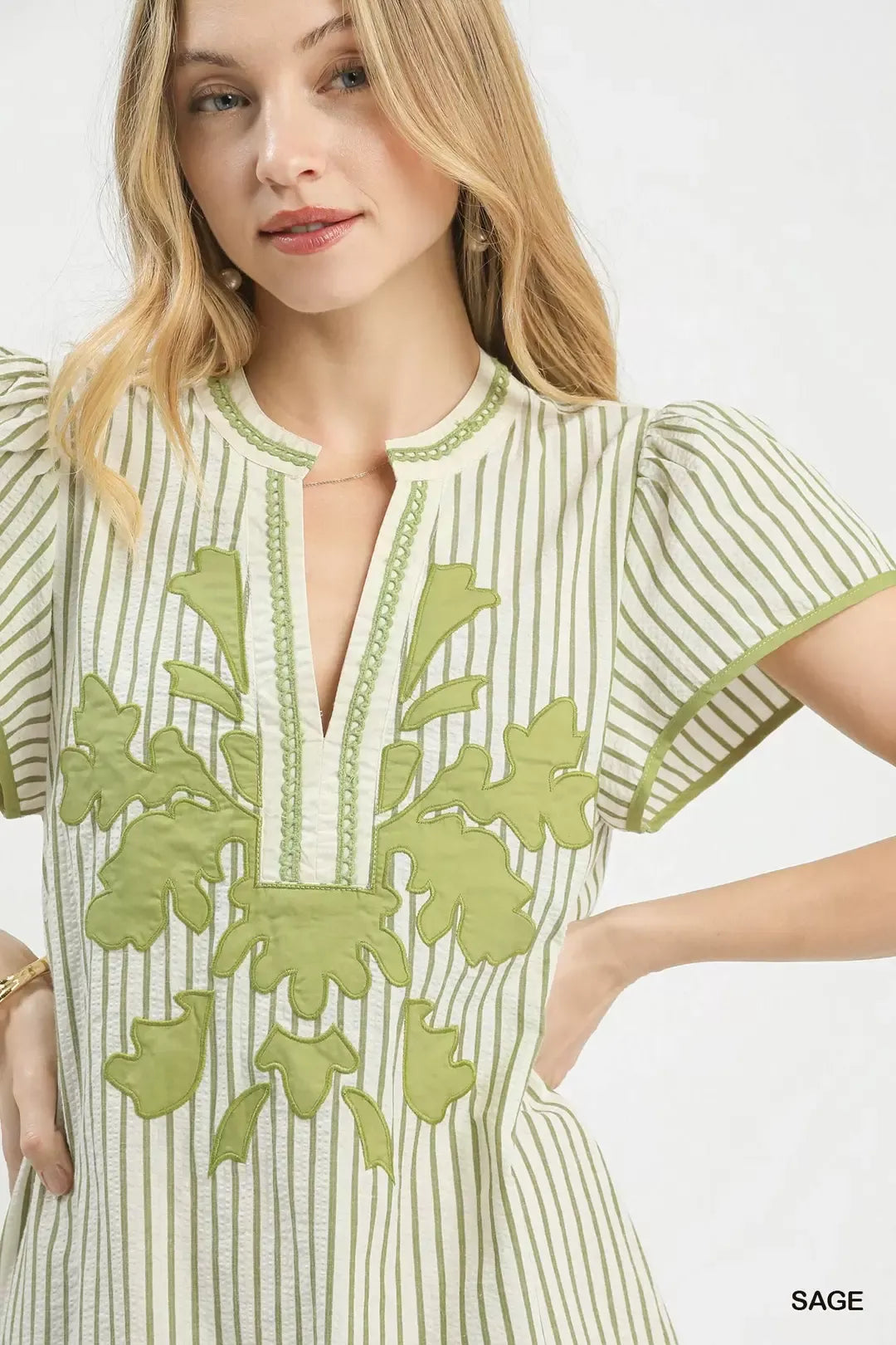 Green Stripe Midi Dress with Embroidered Floral Detail