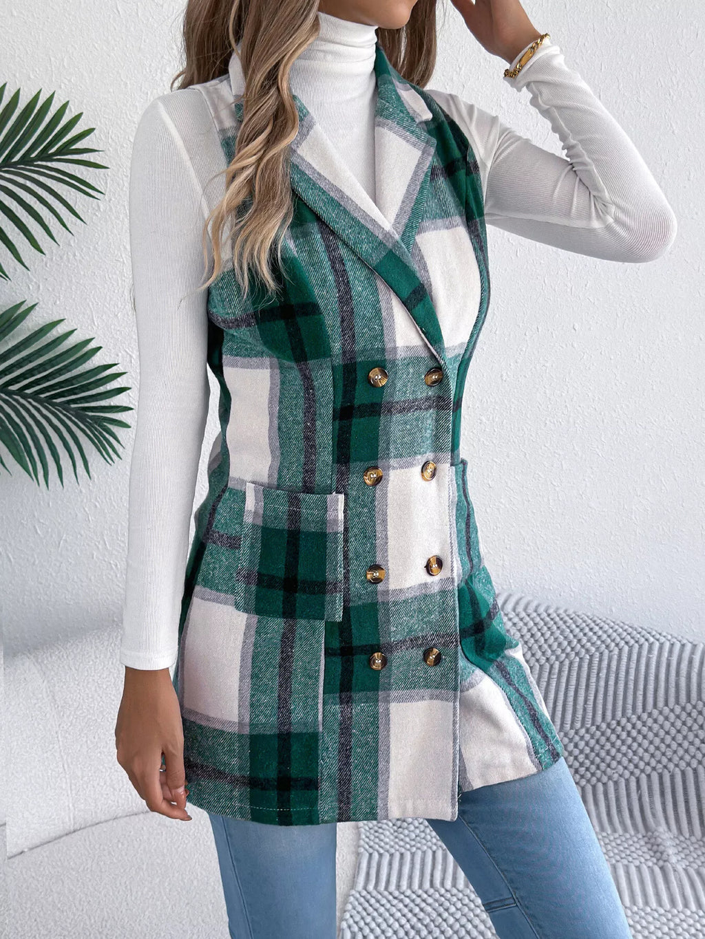 Women's Plaid Double-Breasted Vest Coat in Camel and White