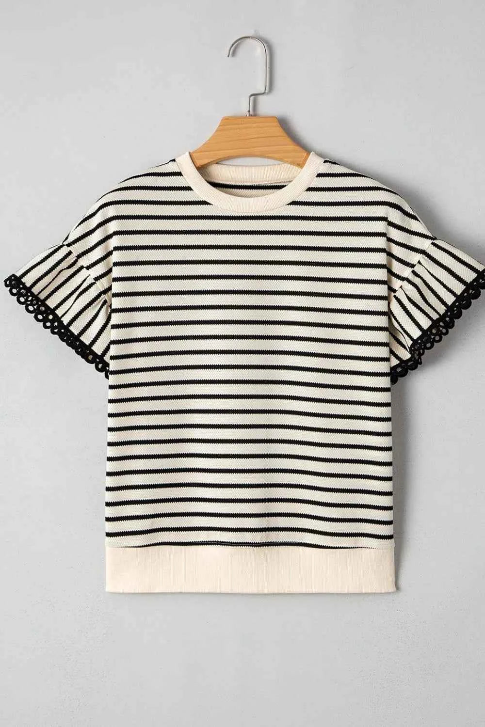 Striped Ruffle Sleeve Round Neck Blouse