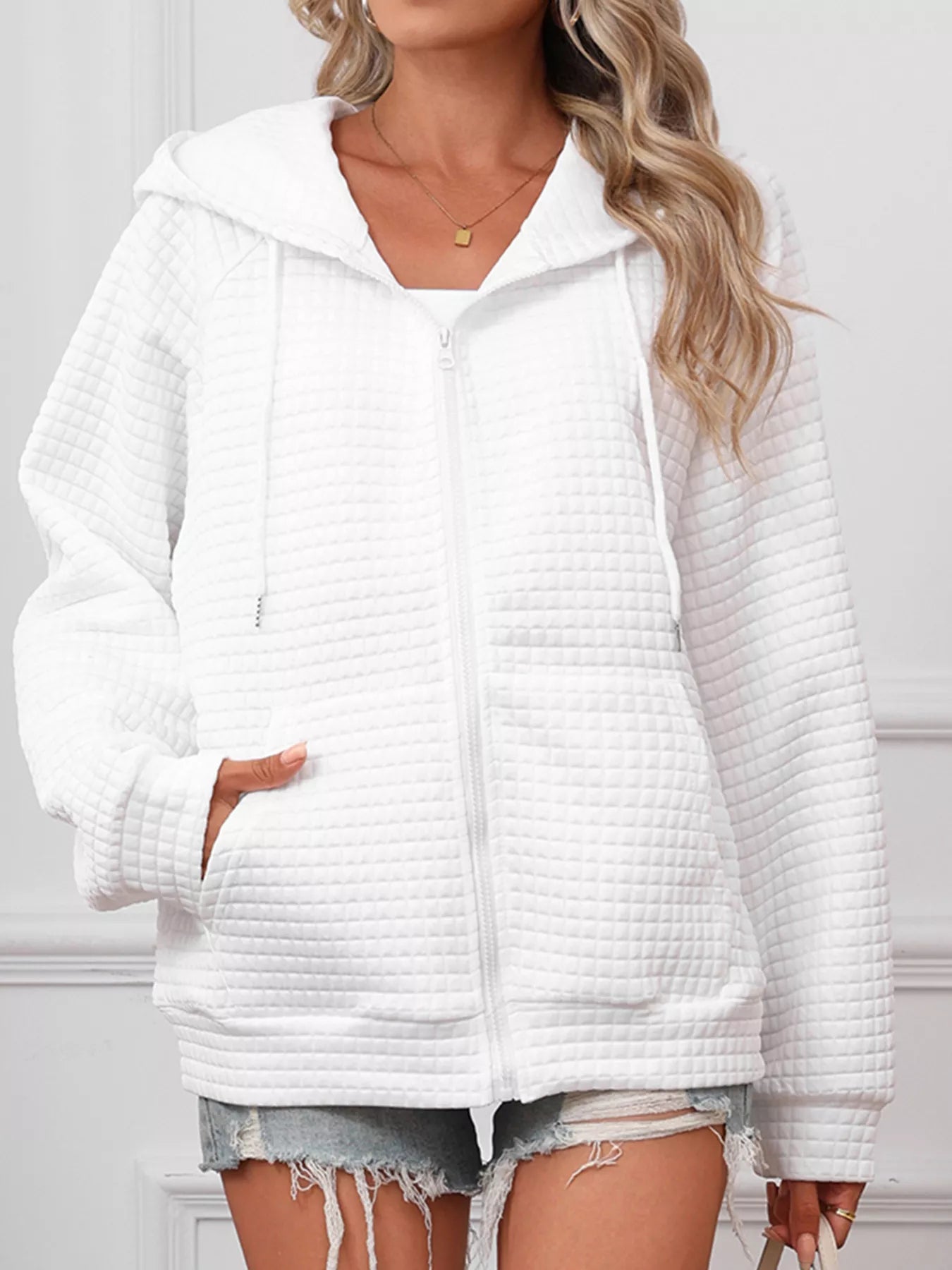 White Quilted Zip-Up Hooded Jacket with Drawstring