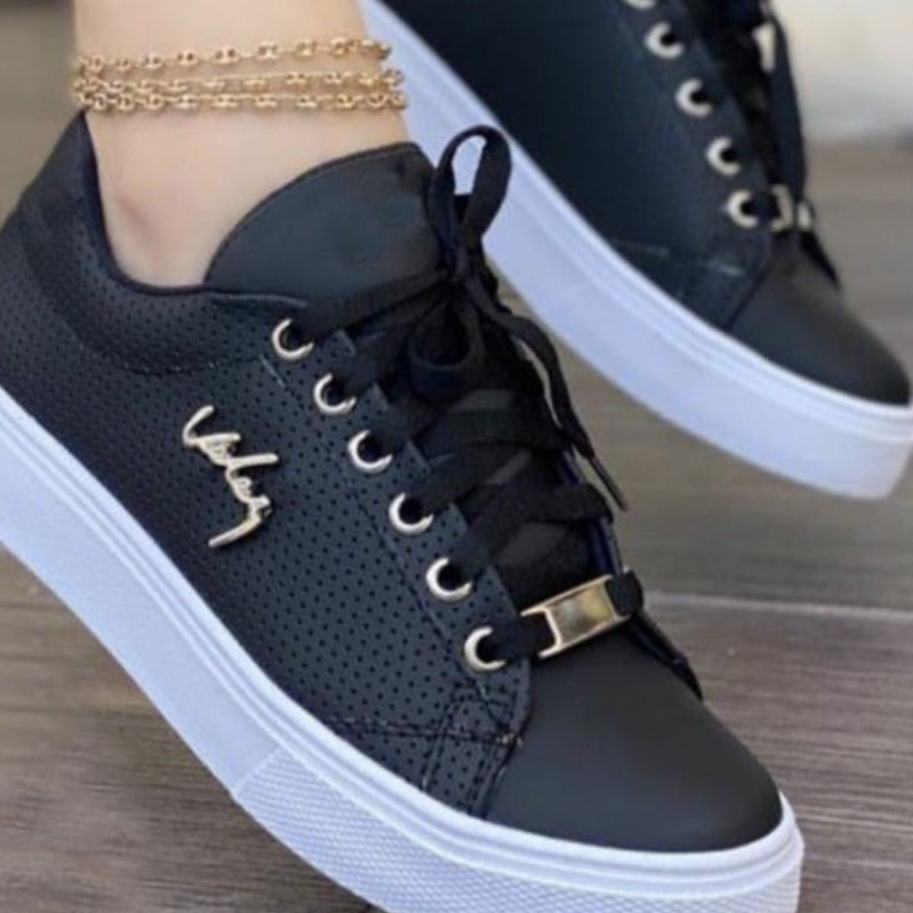 Women's Lace Up Round Toe Sneakers in Black Faux Leather