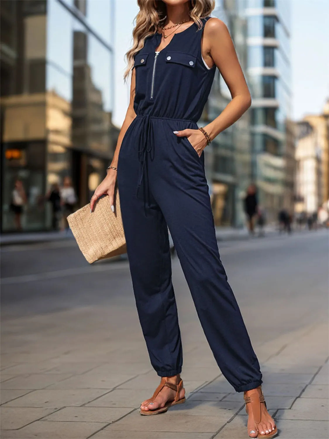 Gathered Waist Sleeveless Jumpsuit - Wide Leg