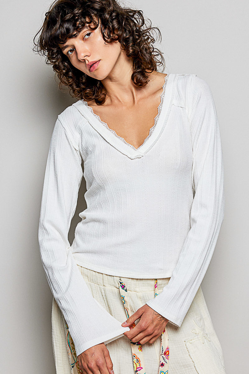 White V-Neck Ribbed Long Sleeve Top with Lace Trim Neckline