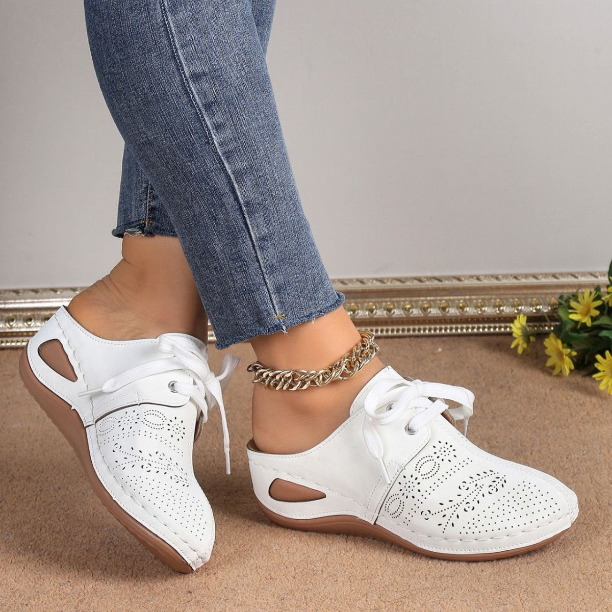 Women's Black Lace-Up Slip-On Mules Casual Comfort Wedge Shoes