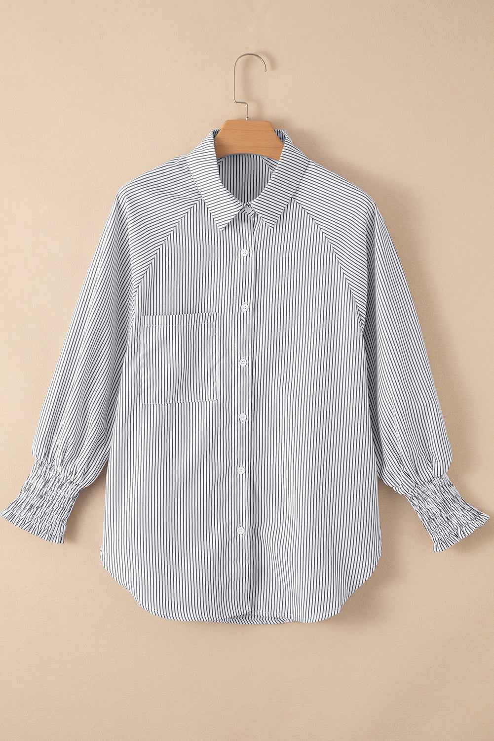 Striped Casual Blouse with Shirred Cuffs