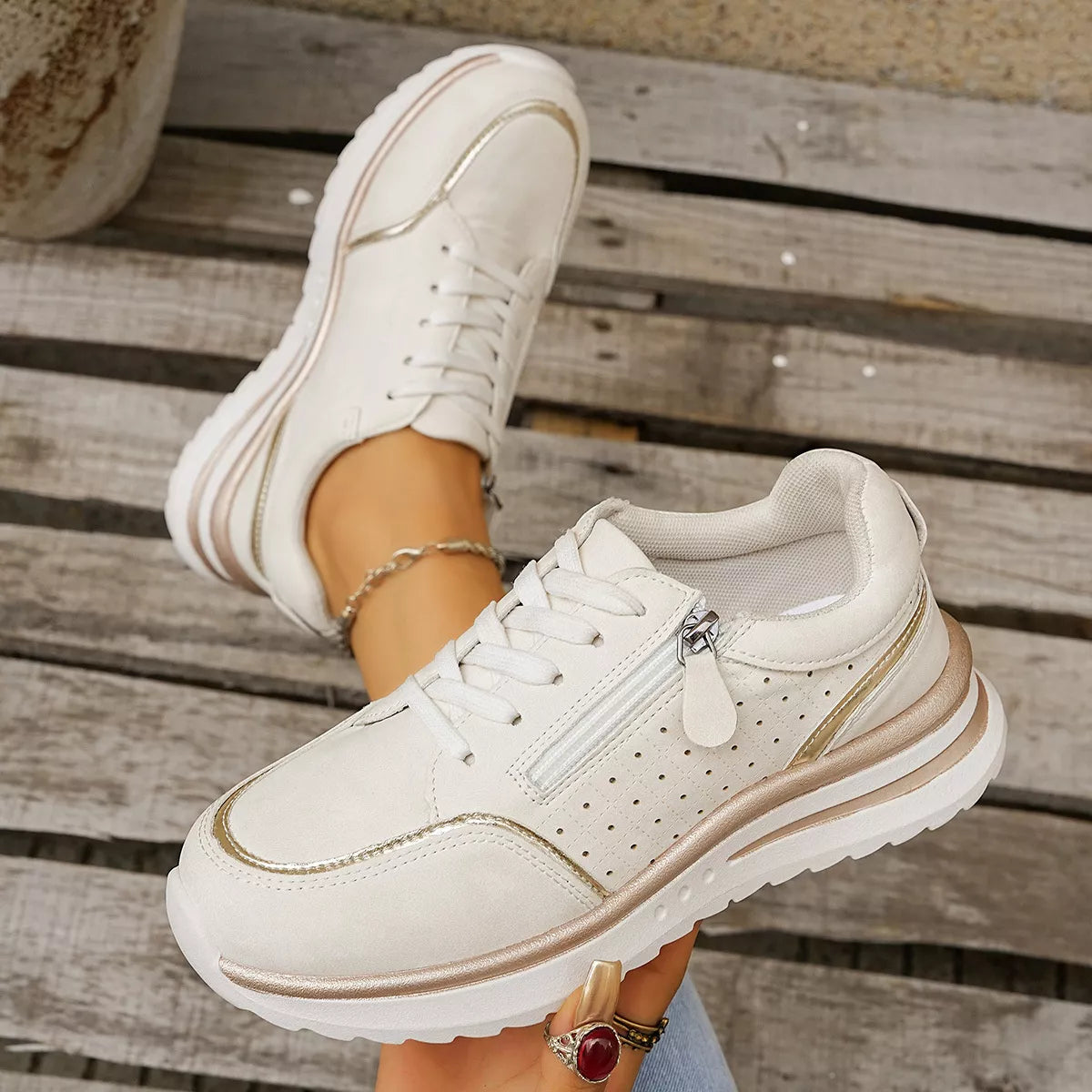 Women's Casual Round Toe Lace Up Sneakers with Side Zipper Detail