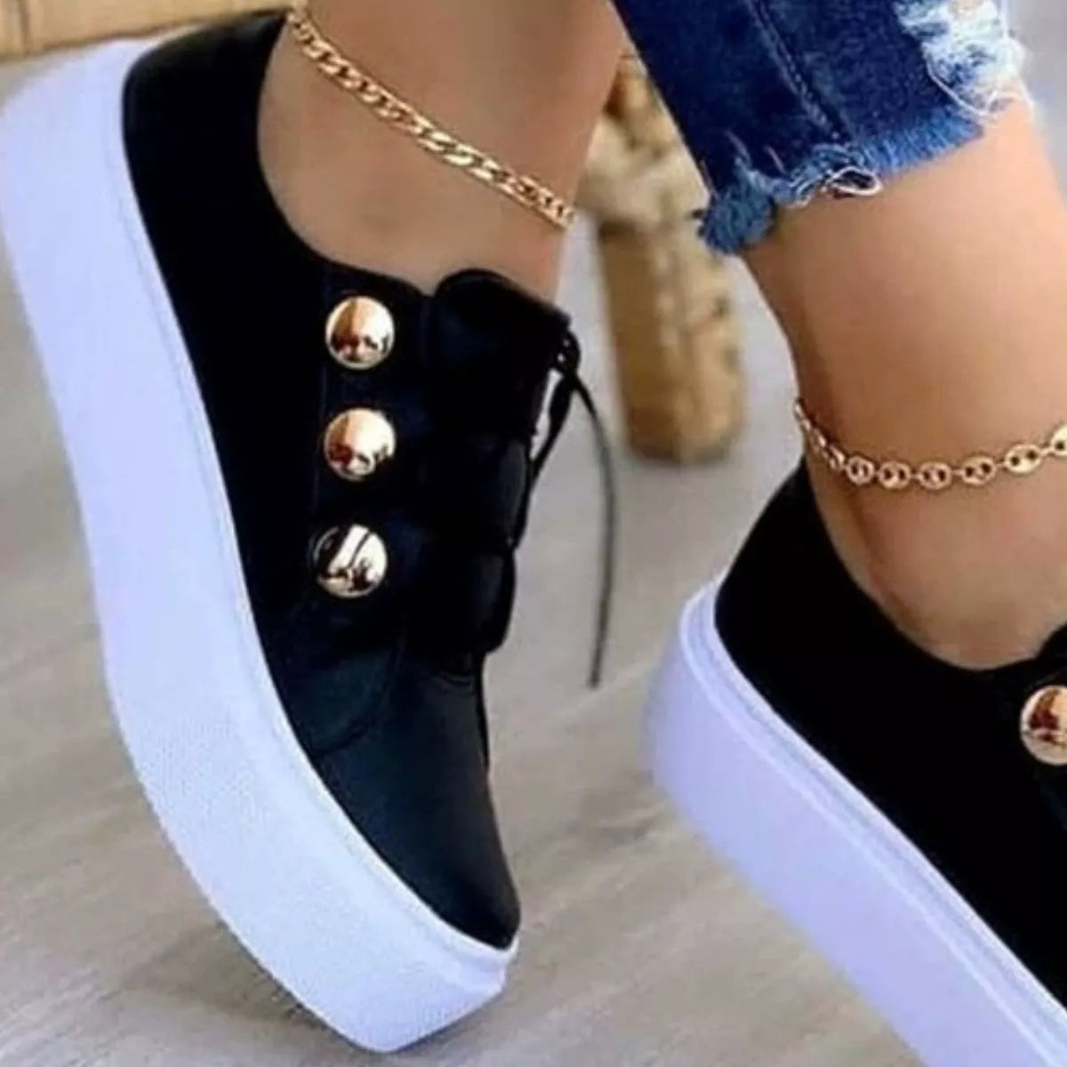 Women's Black Platform Sneakers with Gold Button Details