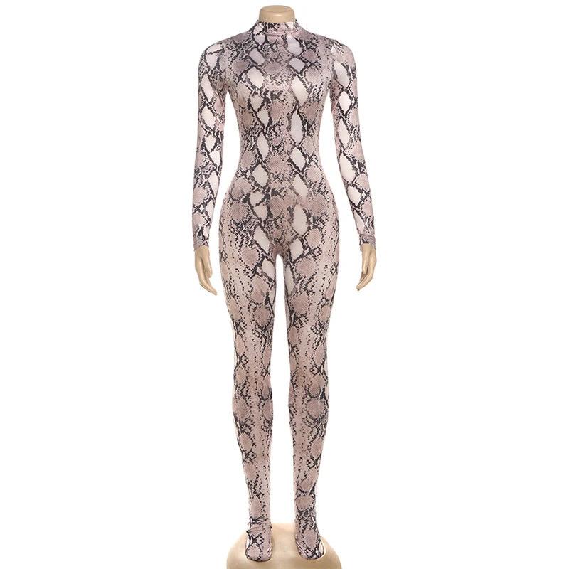 Print High-neck Long-sleeved Sexy High-waisted Slim Jumpsuit