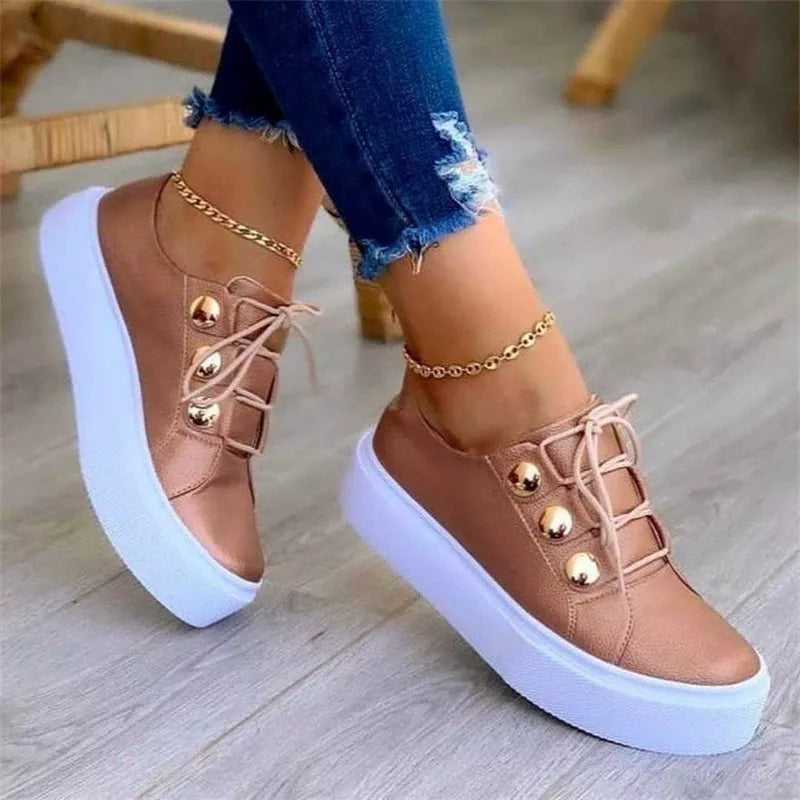 Women's Black Platform Sneakers with Gold Button Details