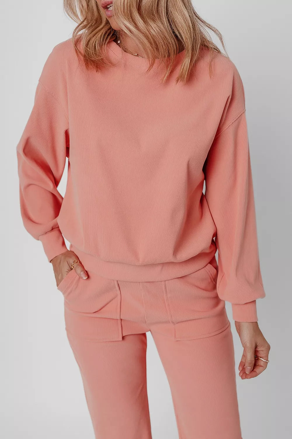 Women's Ribbed Round Neck Two-Piece Lounge Set with Pockets
