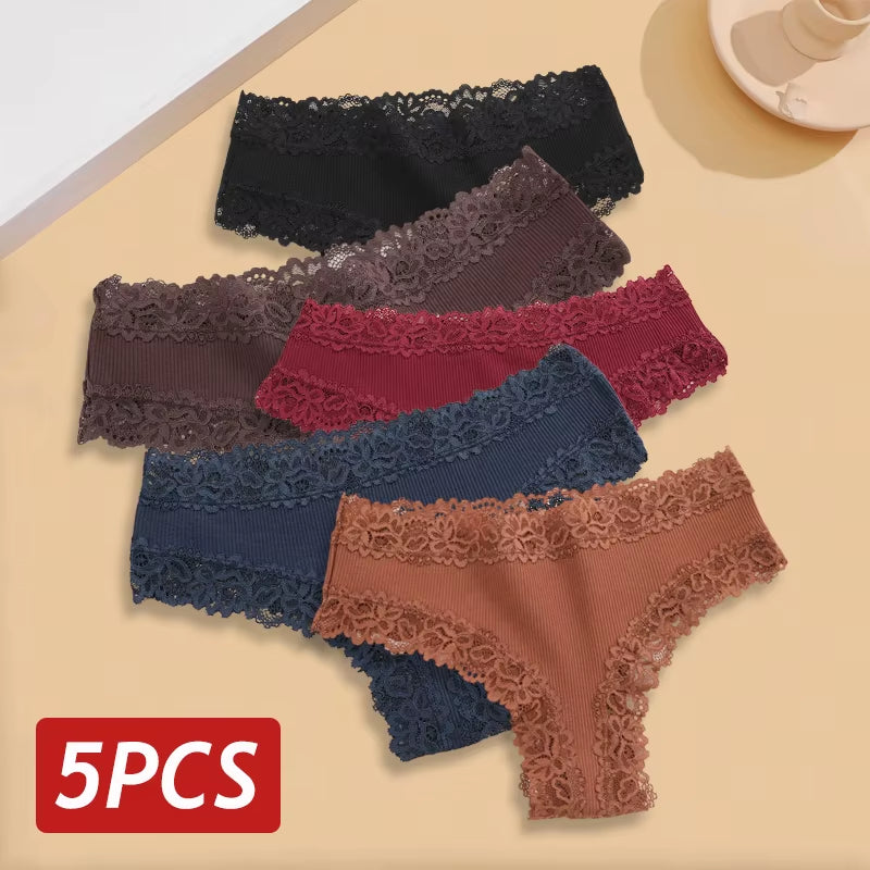 5Pcs/Set Women Lace Seamless Cotton Panties Sexy Brazilian Pants Ribbed Breathable Girls Underwear Soft plus Size Lingerie S-XL