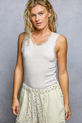 Soft Ribbed Round Neck Tank Top with Delicate Lace Trim