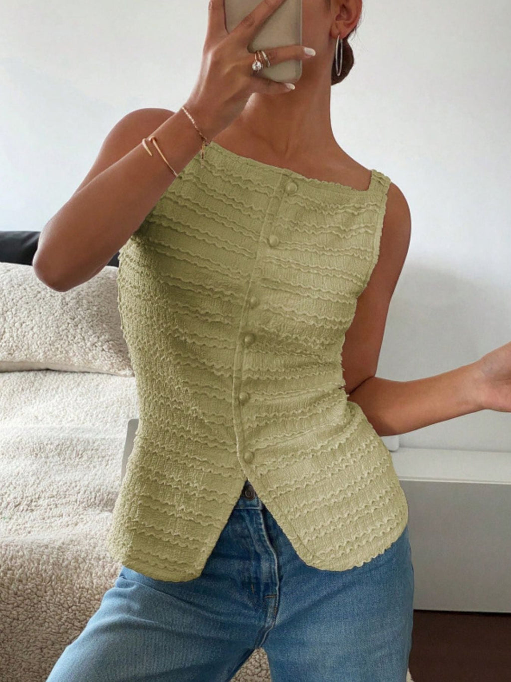 Women's Textured Button-Front Knit Tank Top