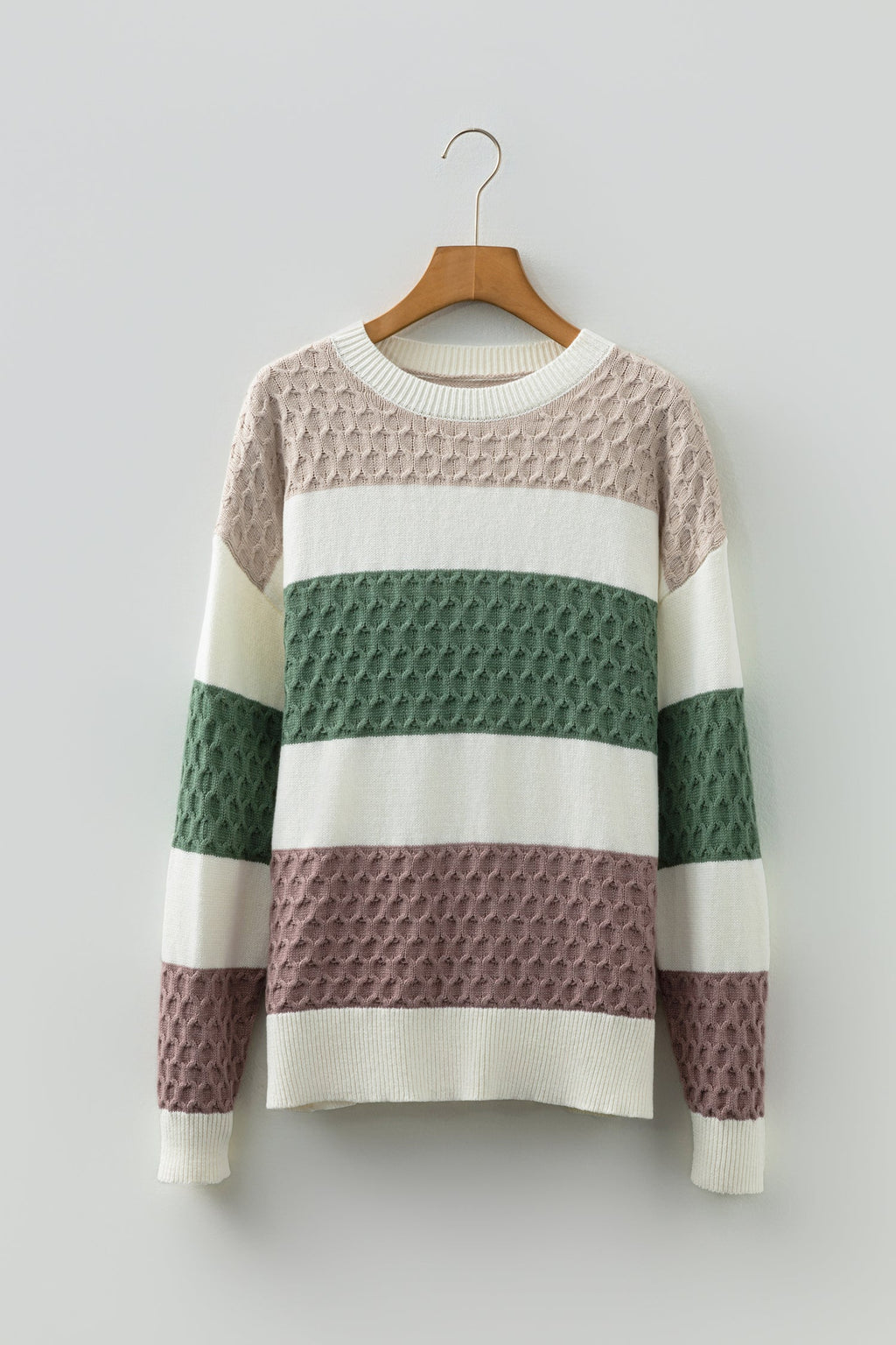 Brown Mixed Texture Knit Striped Color Block Loose Sweater