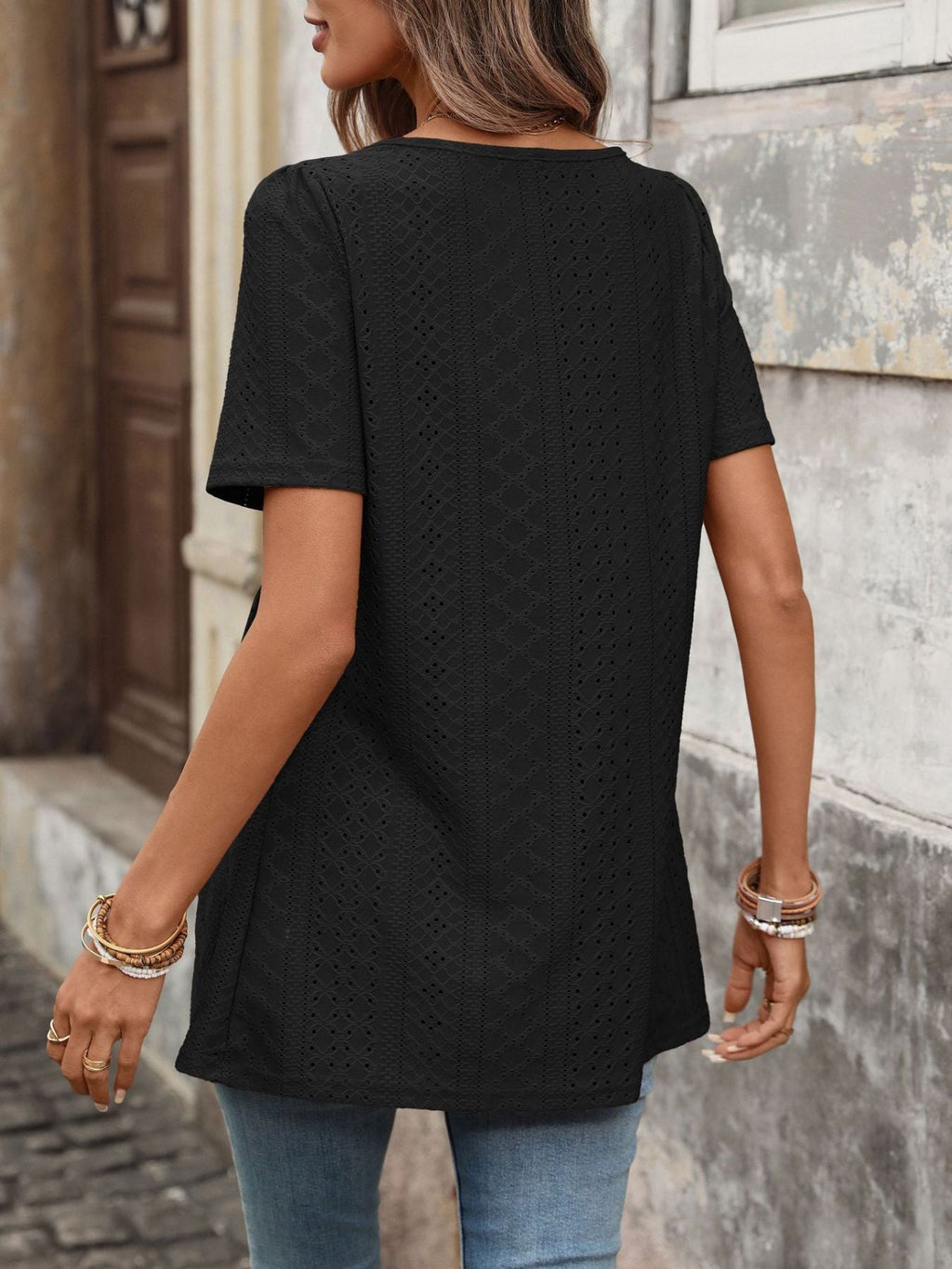 Women's Eyelet Square Neck Short Sleeve Ruched Peplum Top