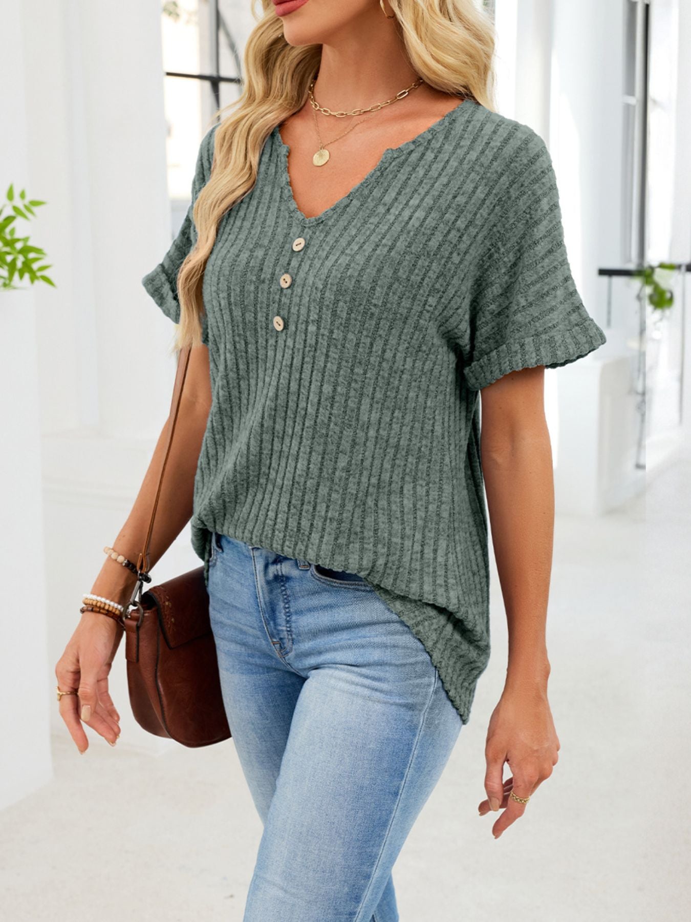 Women's Ribbed Knit Short Sleeve V-Neck T-Shirt with Buttons