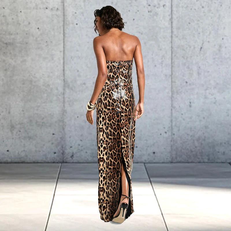 European And American Contrast Color Leopard Print Sexy Tube Top Dress Women
