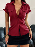Women's Burgundy Ruffle Sleeve Button Down Shirt with Pockets