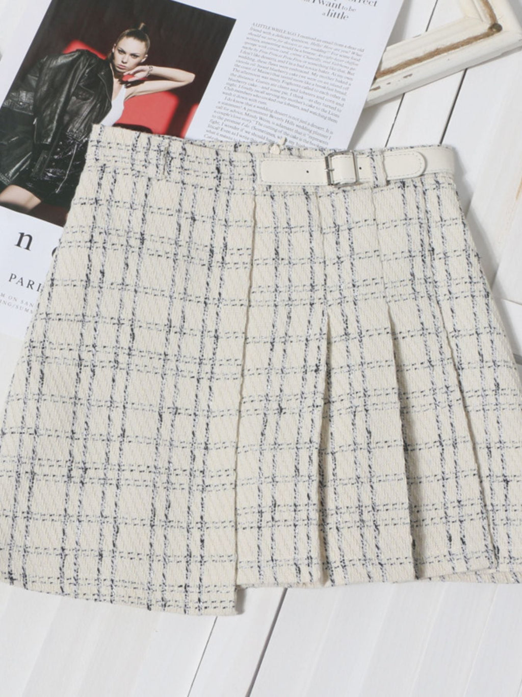 Women's Pleated Plaid Mini Skirt with Buckle Detail