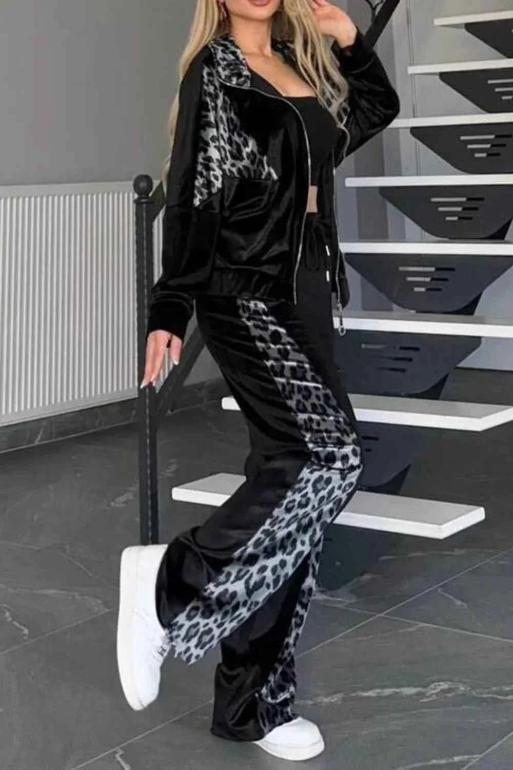 Full Size Collared Neck Leopard Zip Up Sweatsuit Plus Size